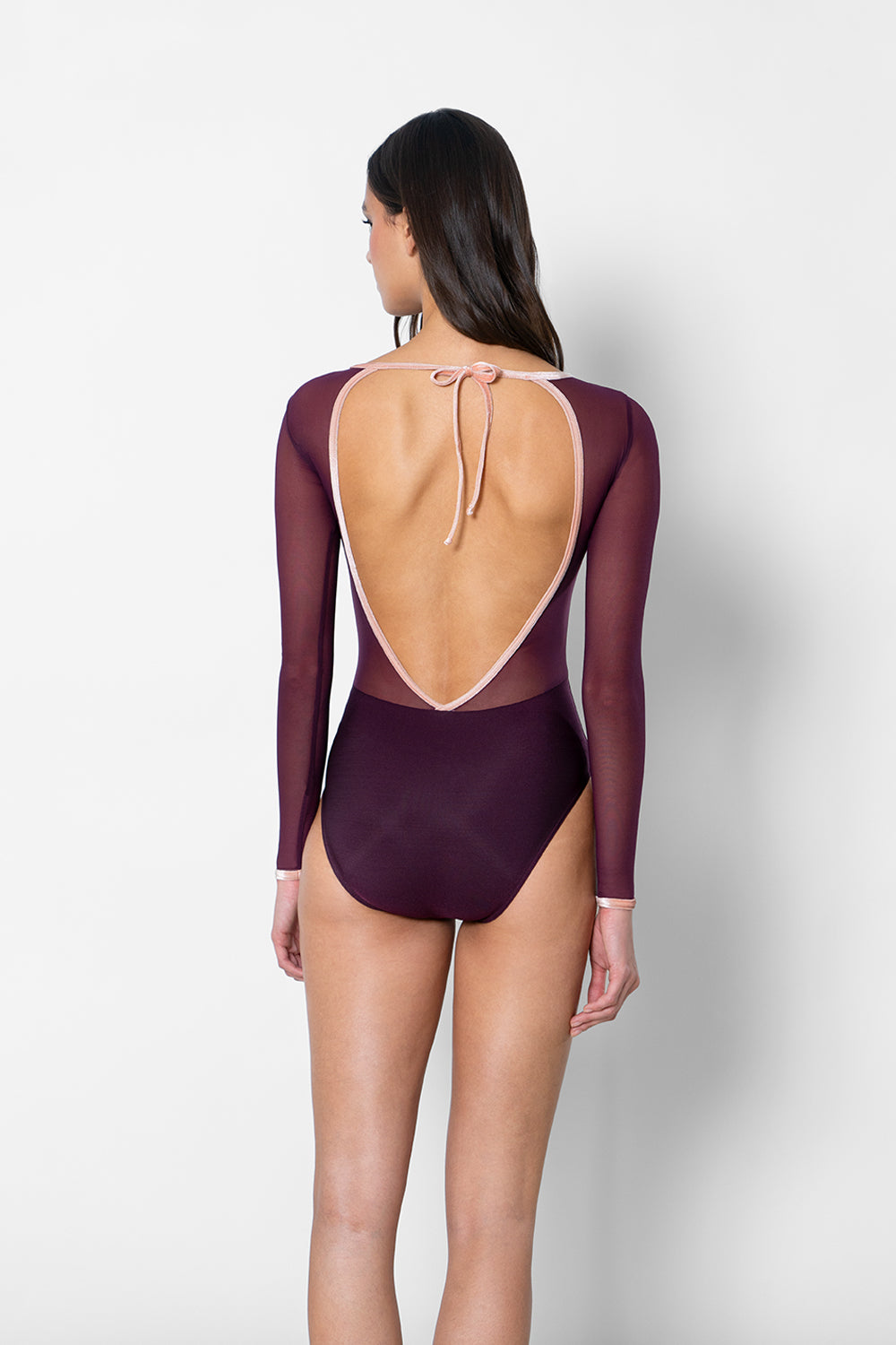 Olivia leotard in N-Opera body color with Mesh Opera top color & long sleeves and V-Blush trim color