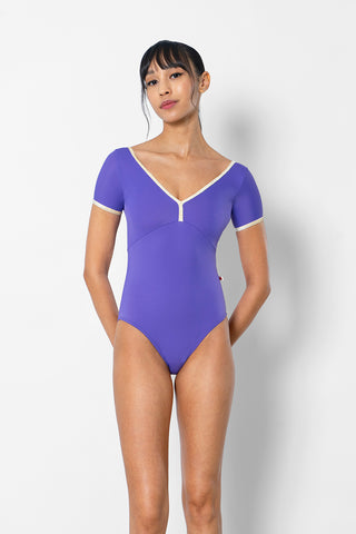 Alicia leotard in T-Wisteria body color with CV-Vanilla trim color and short sleeves