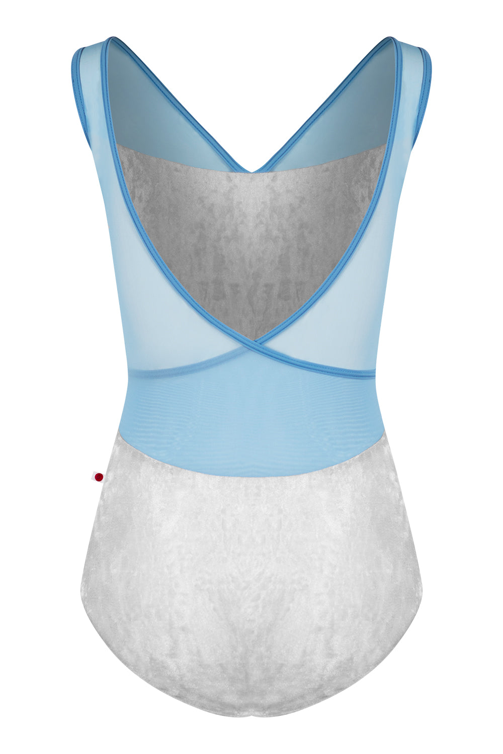 Masha leotard in CV-Silver body color with Mesh Glacier top color and T-Bluebell trim color