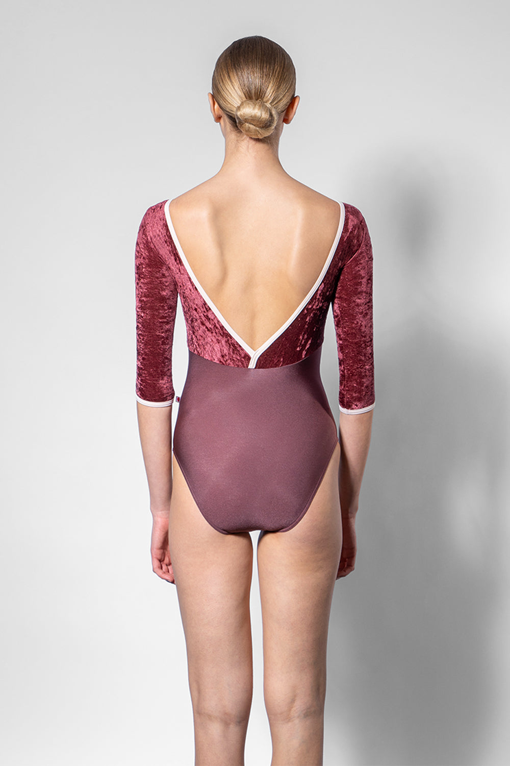 Alicia leotard in N-Phoenix body color with CV-Garnet top color & Half Sleeves and CV-Misty Rose trim color