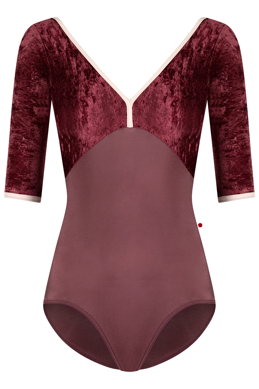 Alicia leotard in N-Phoenix body color with CV-Garnet top color & Half Sleeves and CV-Misty Rose trim color