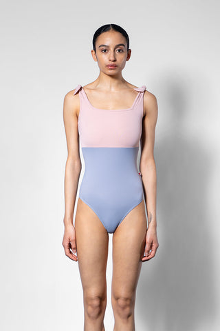 Marieke Duo leotard in T-Slate body color with T-Petal top & trim color and matching shoulder bows