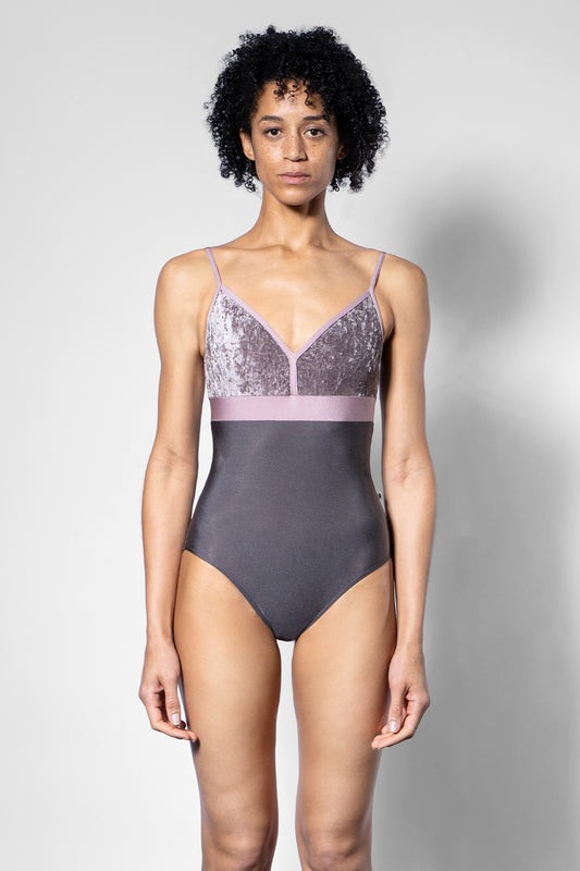 Zoe leotard in N-Shadow body color with CV-Phantom top color, N-Magic middle band & trim color