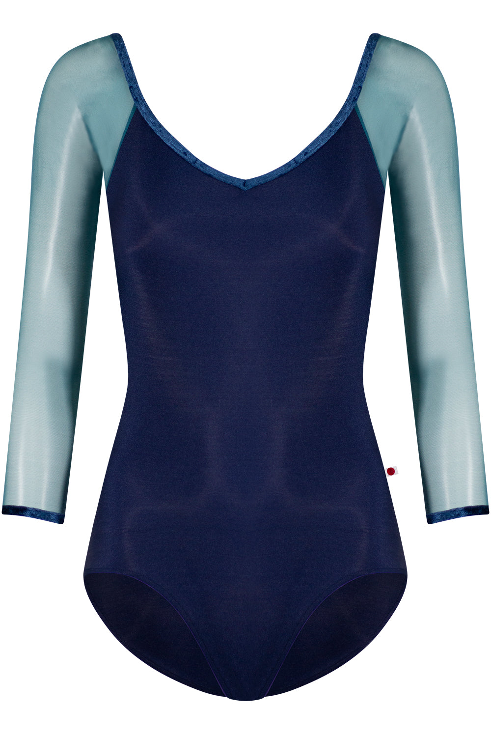 Nina leotard in N-Dark Blue body color with Mesh Lagoon top & 3Q sleeve color and CV-Dark Blue trim color