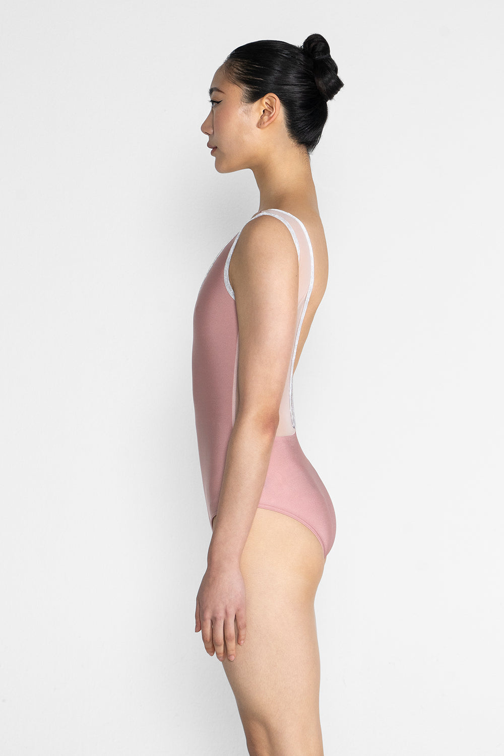 Gina Mesh leotard in N-Antique Rose body color with Mesh Blush top color and CV-Silver trim color
