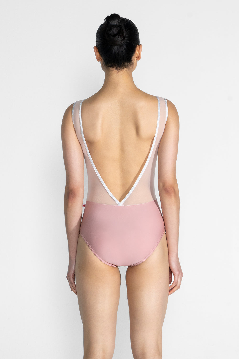 Gina Mesh leotard in N-Antique Rose body color with Mesh Blush top color and CV-Silver trim color