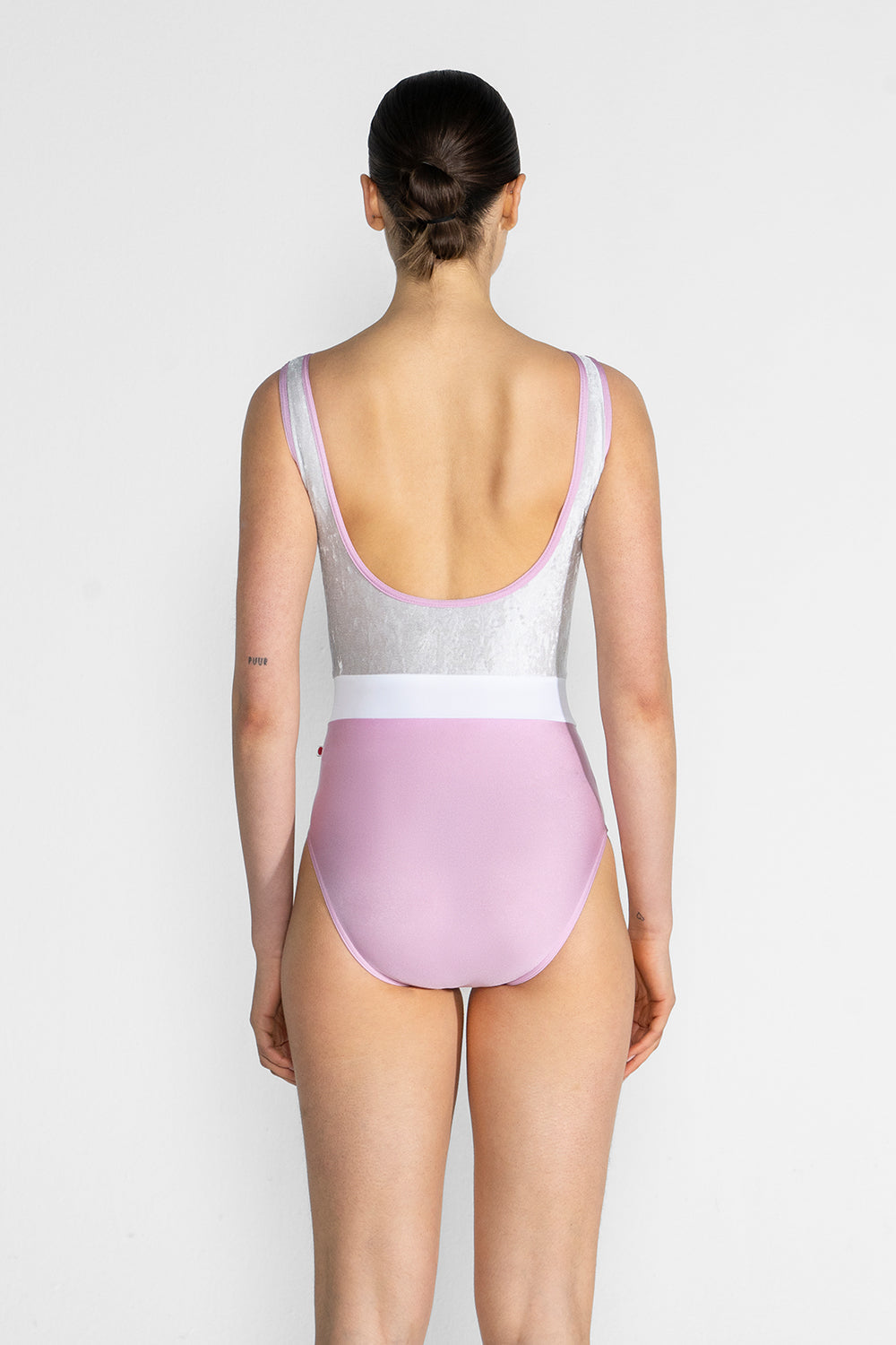 Lucy leotard in N-Confetti body & trim color with CV-Silver top color and T-White middle band color