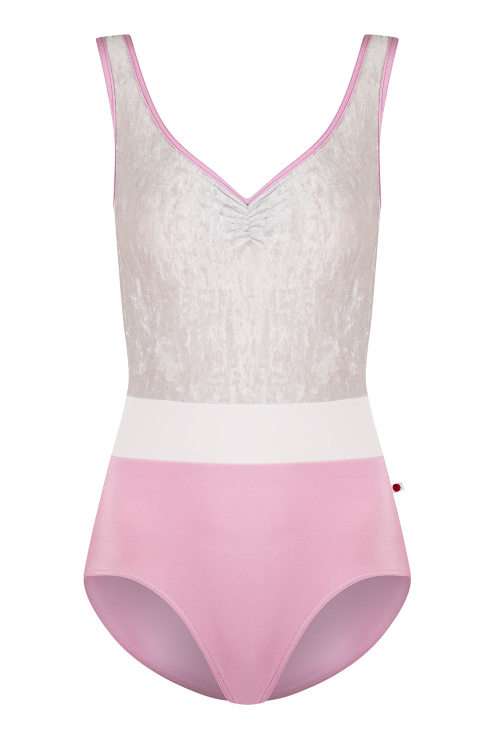 Lucy leotard in N-Confetti body & trim color with CV-Silver top color and T-White middle band color