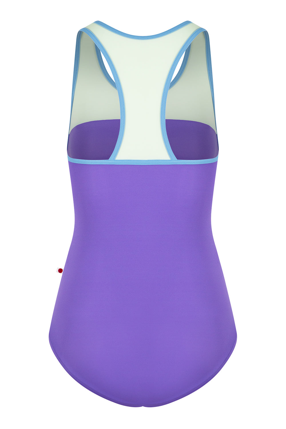 Erica leotard in T-Wisteria body color with T-Pistachio top color and T-Bluebell trim color