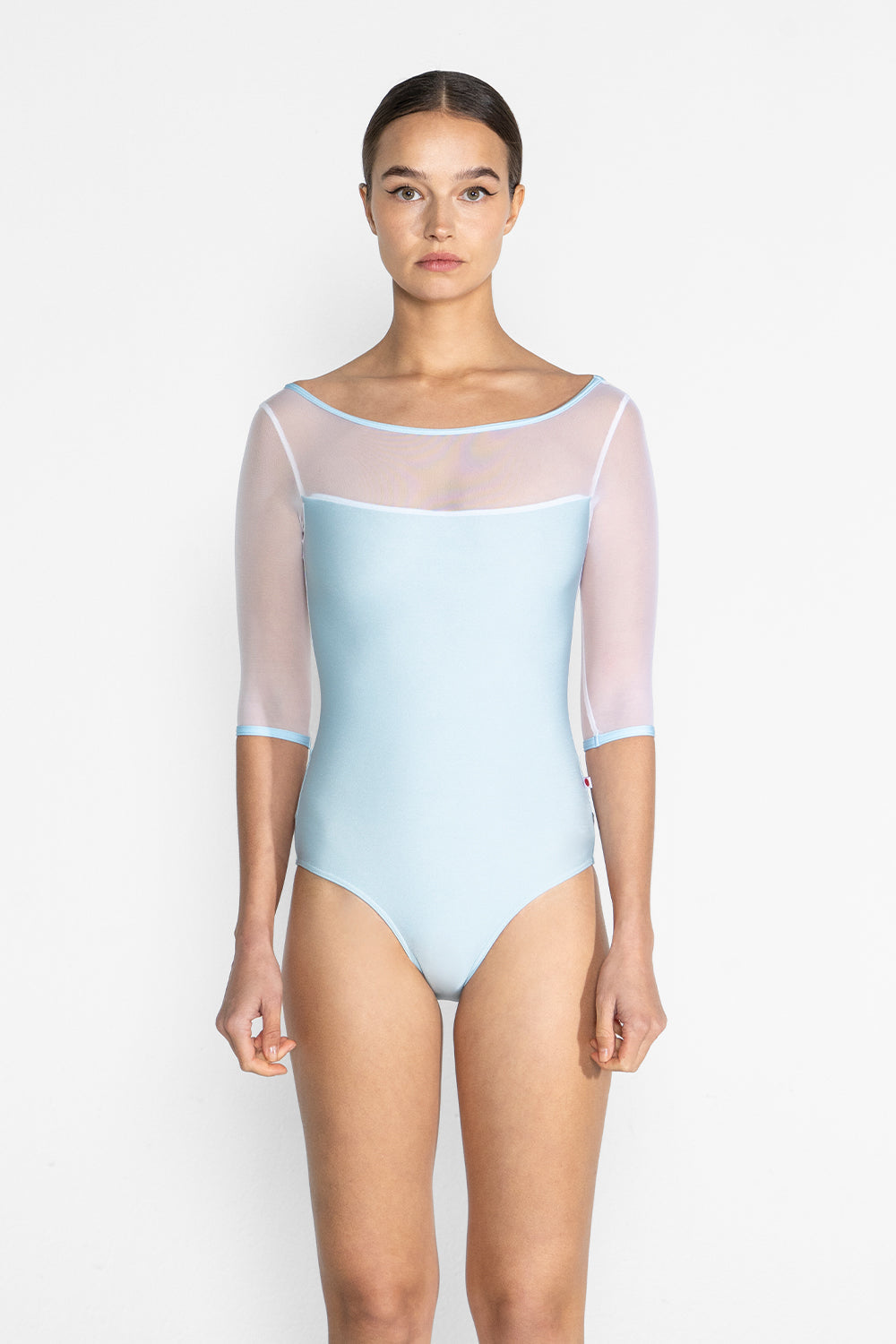 Meagan leotard in N-Mirror body & trim color with Mesh White top color