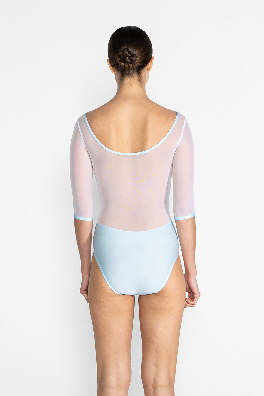 Meagan leotard in N-Mirror body & trim color with Mesh White top color