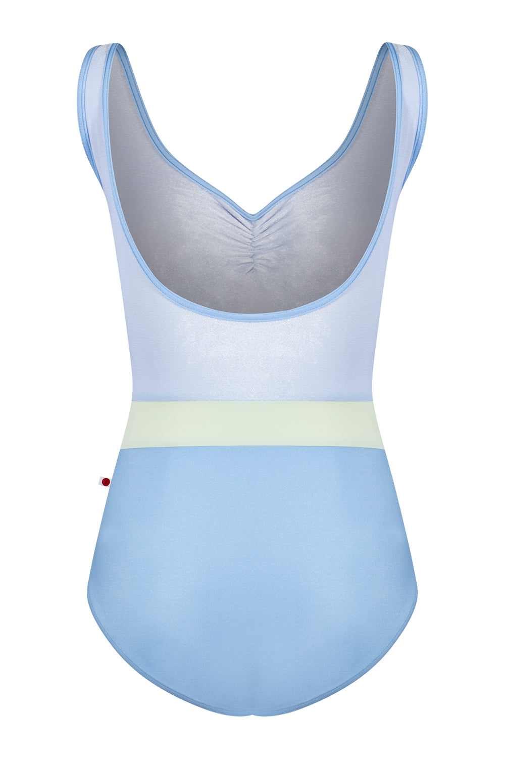 Lucy leotard in N-Moontide body color with V-Serenade top color, N-Moontide trim color and T-Pistachio middle band color