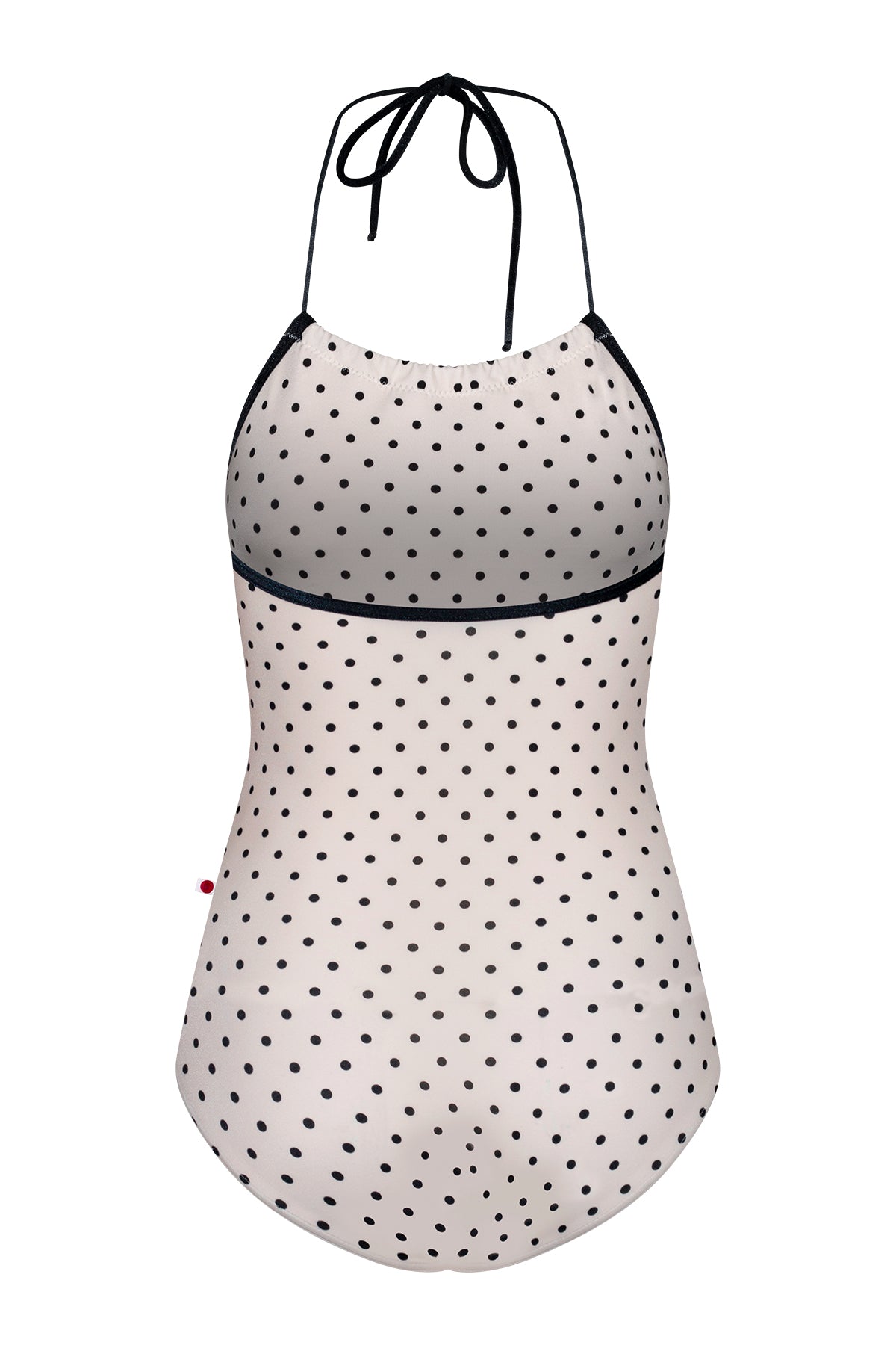 Monique leotard, all-over cream polka-dot with a black halter neckline.