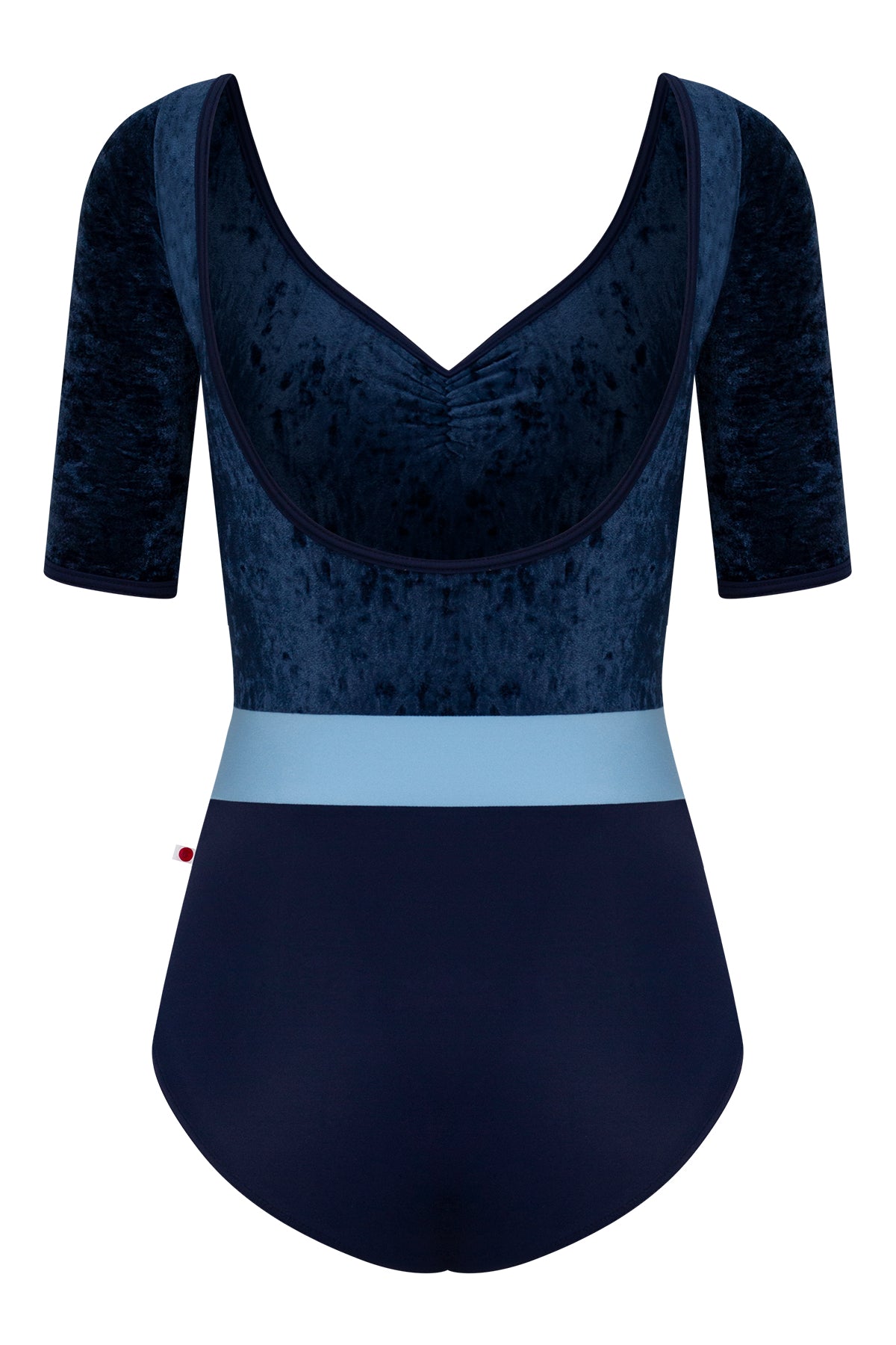 Lucy leotard, navy crushed-velvet elbow-sleeve bodice with a light-blue waistband and a navy body, V-neck.