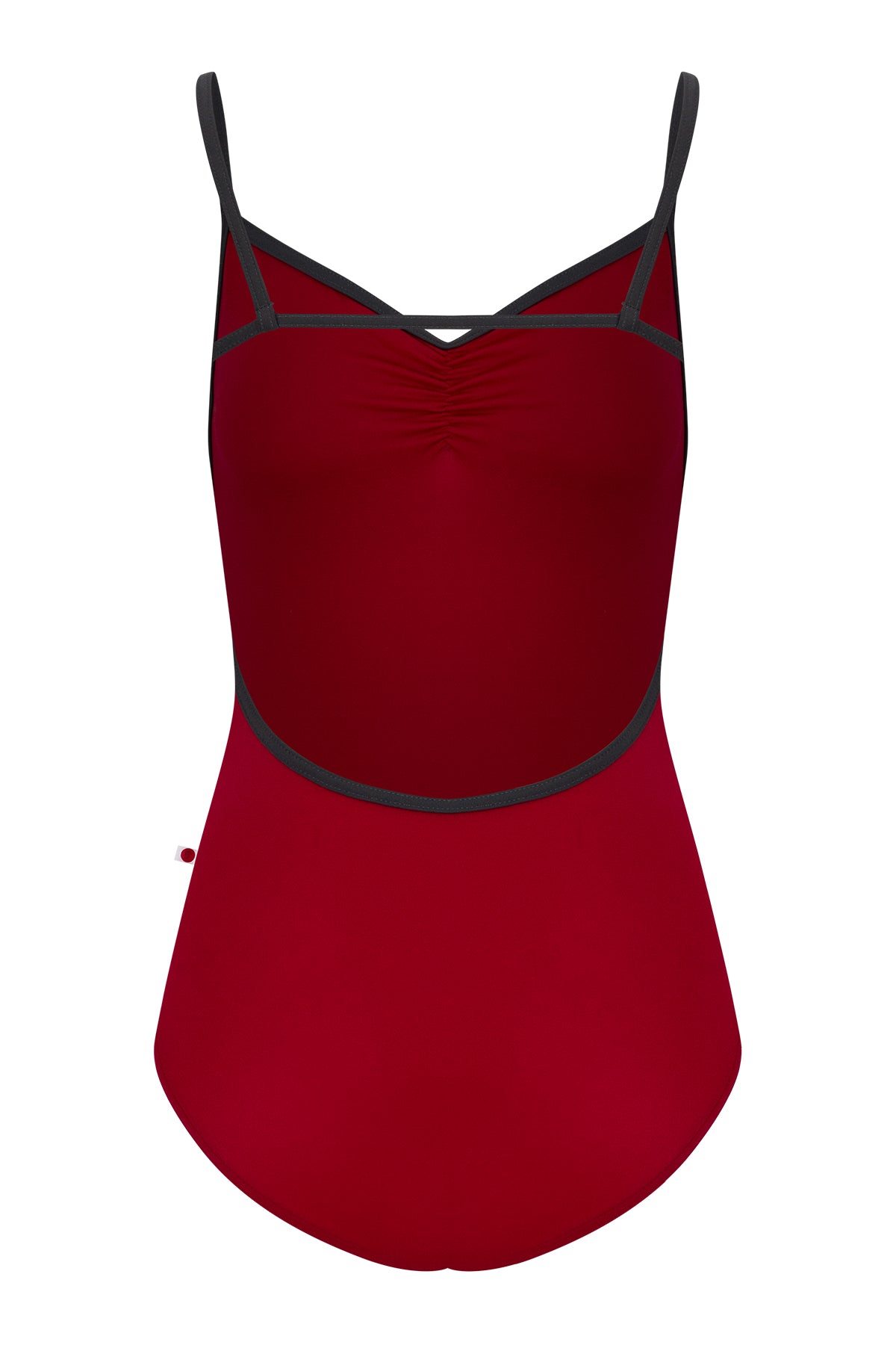 Tamara leotard, deep crimson with a pinch-front bust, charcoal straps and neckline trim.
