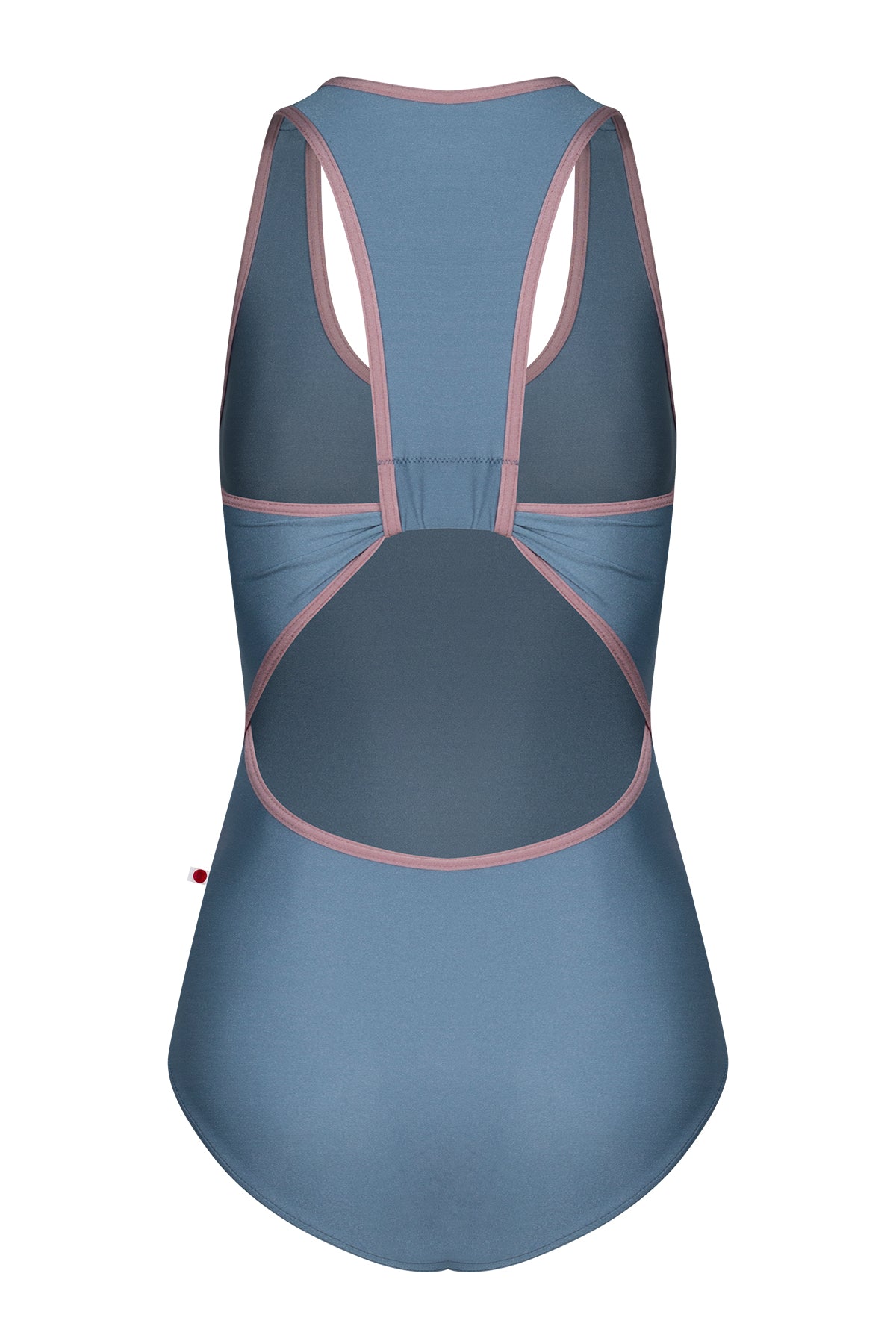 Alex leotard, slate-blue with a scoop neckline and dusty-pink trim, racerback straps.