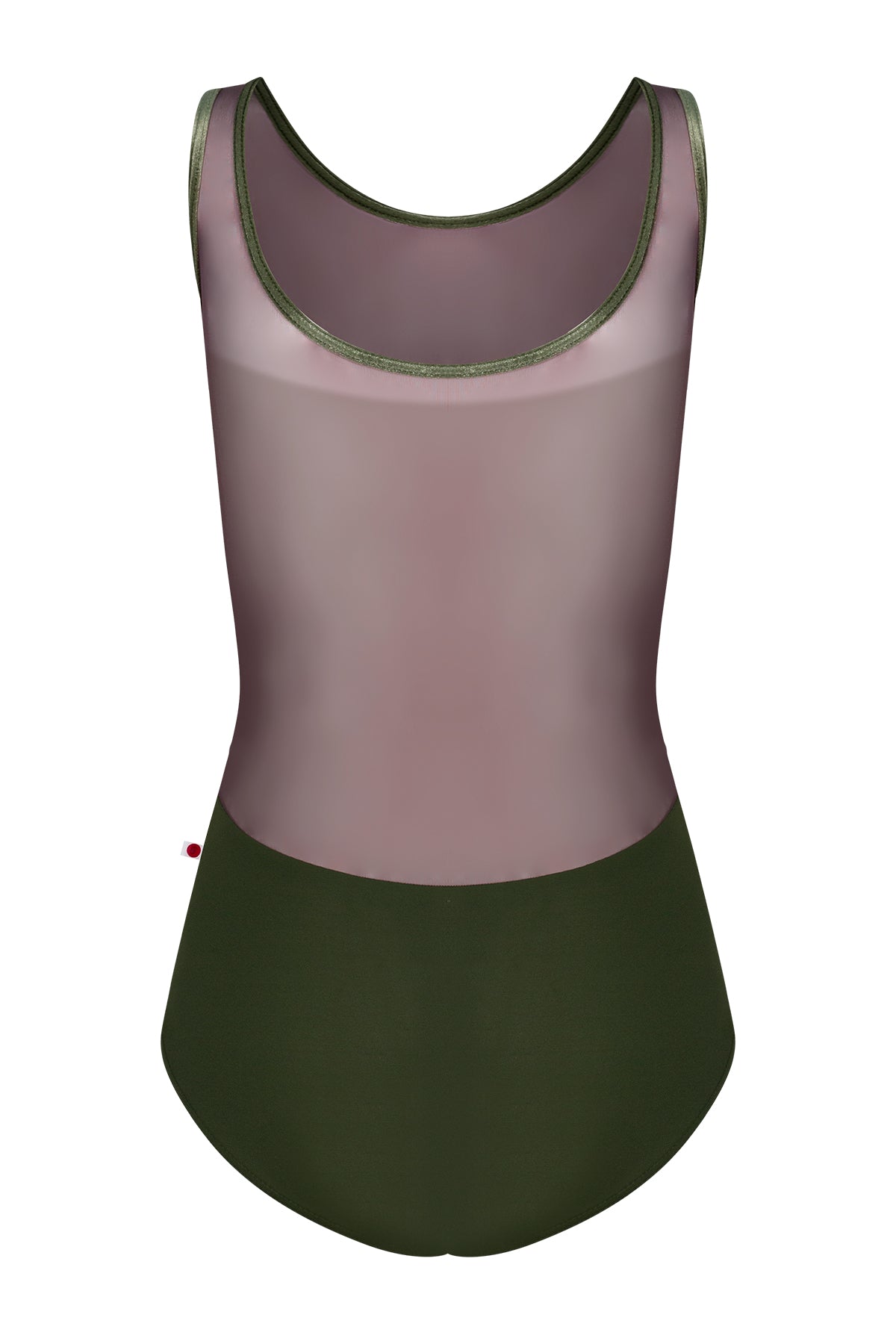 Meagan leotard, olive-green with a sheer mesh upper and round neckline.