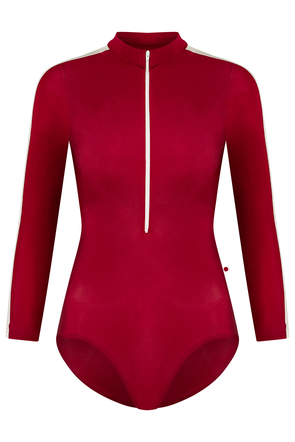 Jessica leotard in N-Berry body color with T-White side stripe and long sleeves