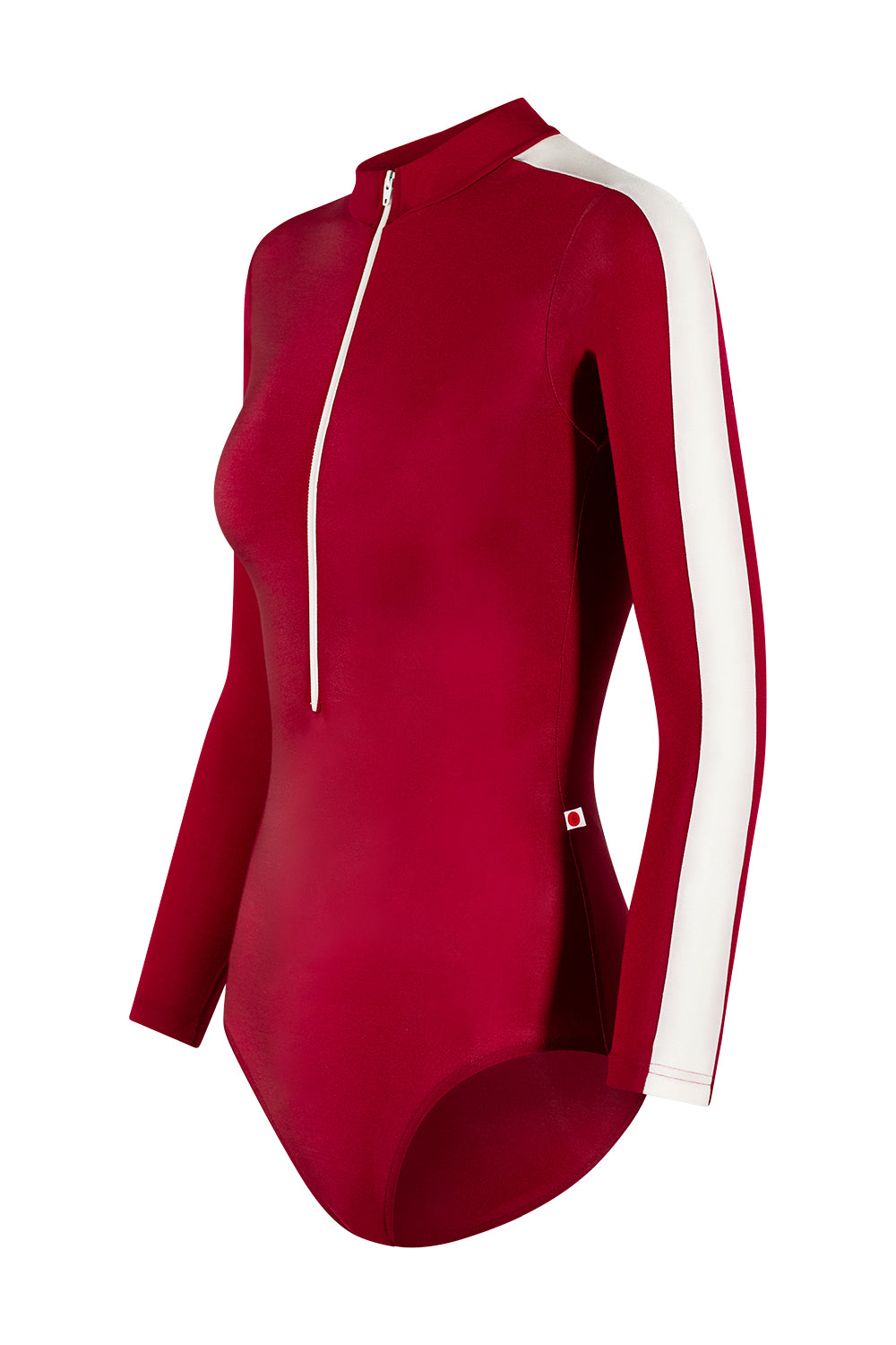 Jessica leotard in N-Berry body color with T-White side stripe and long sleeves