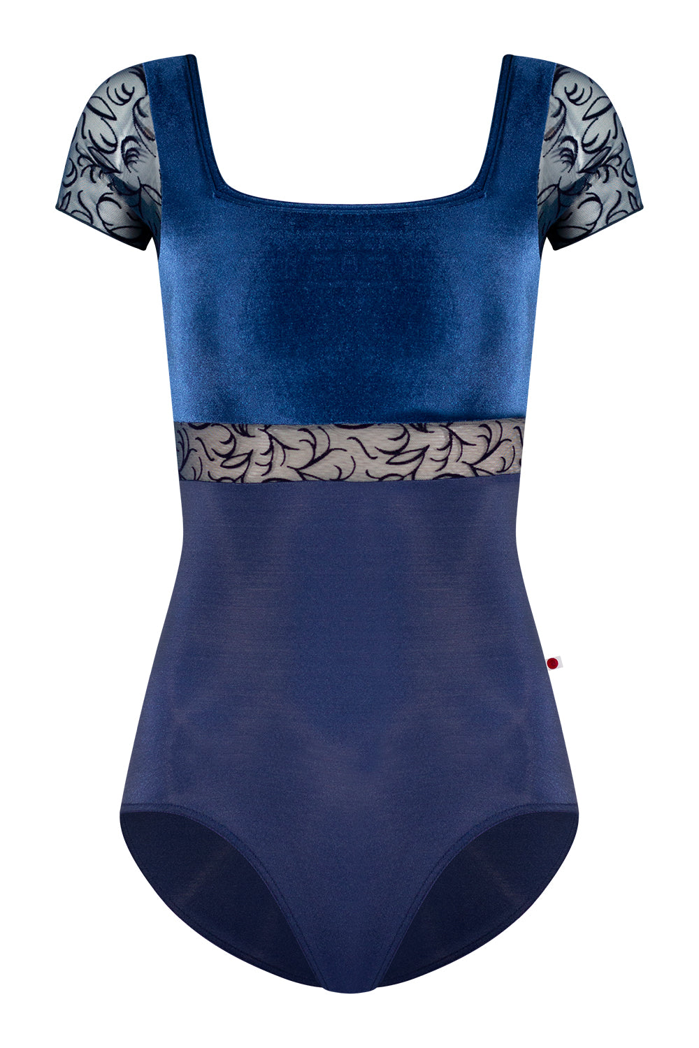 Marieke Variation 1 Black Label leotard in N-Dark Blue body color with V-Pisces top & trim color and Flocked Velvet Mesh middle band and short sleeves