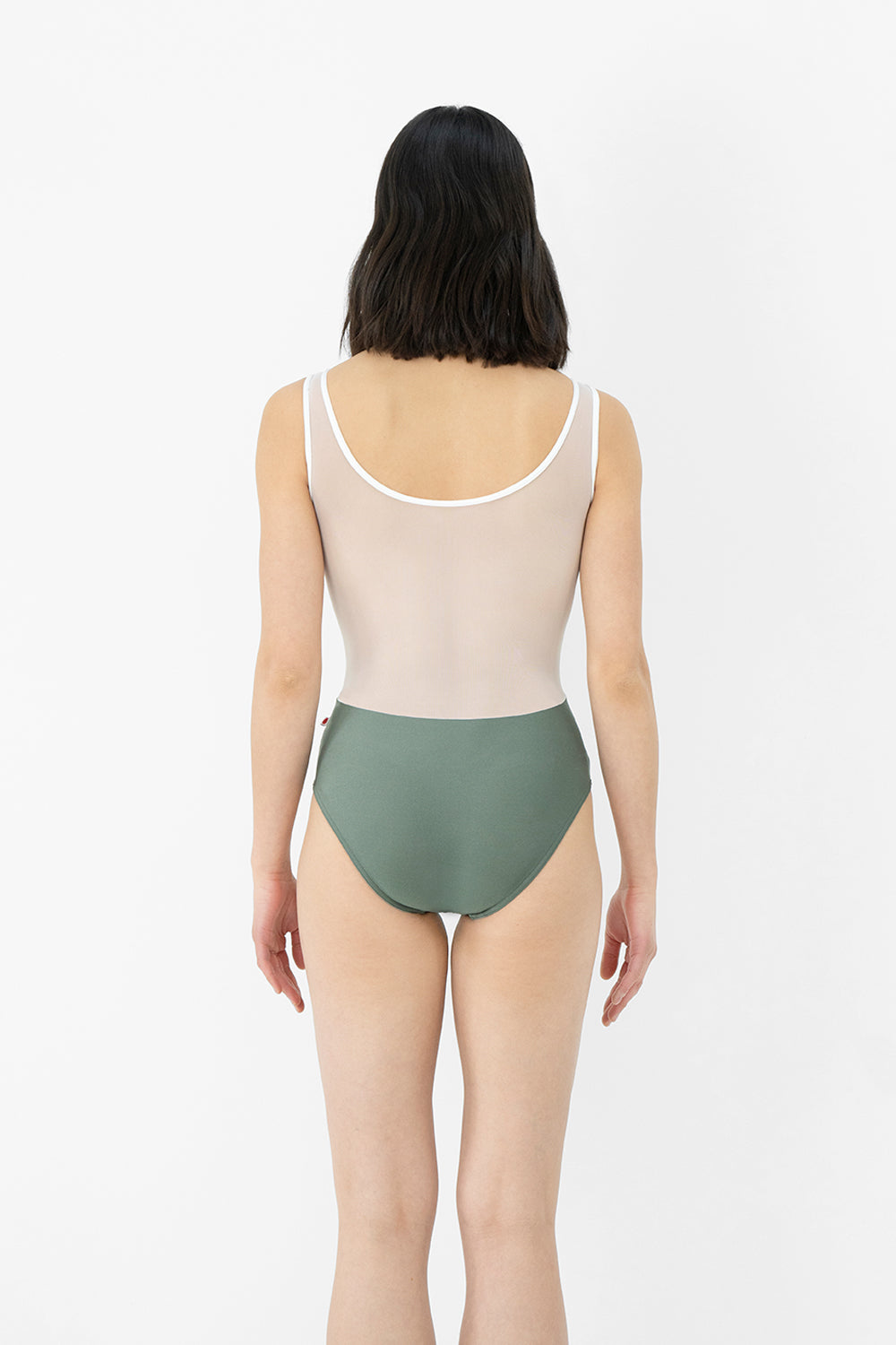 Meagan leotard in N-Sage body color with Mesh White top color and T-White trim color
