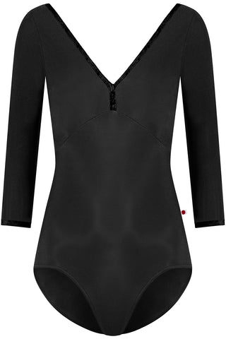 Alicia leotard in N-Black body color with CV-Black trim color and 3Q sleeves