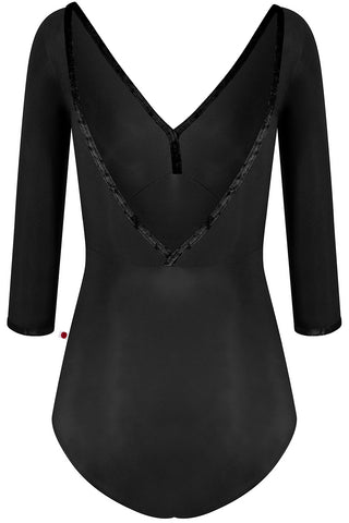 Alicia leotard in N-Black body color with CV-Black trim color and 3Q sleeves