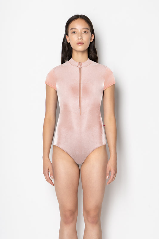 Charlotte leotard in V-Blush with cap sleeves