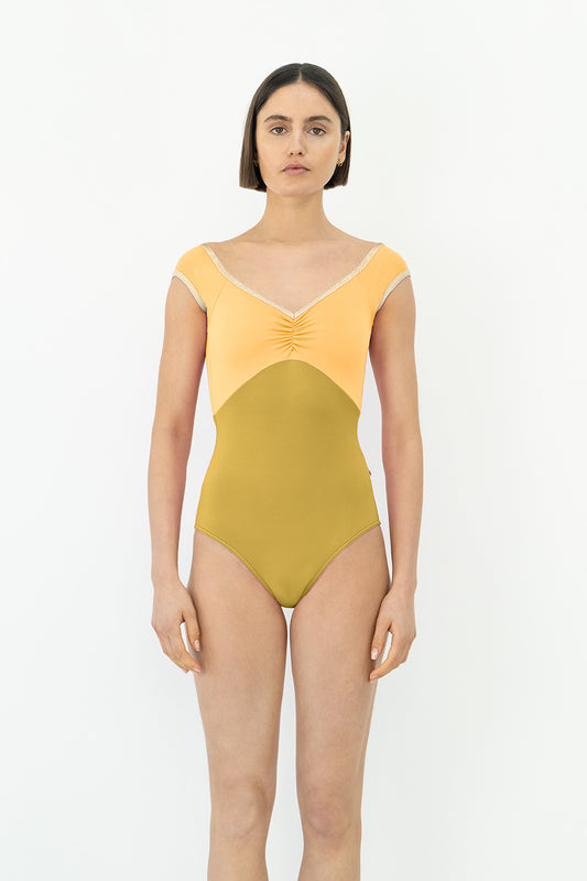 Elli leotard in N-Cricket body color with N-Daffodil top color and CV-Vanilla trim color