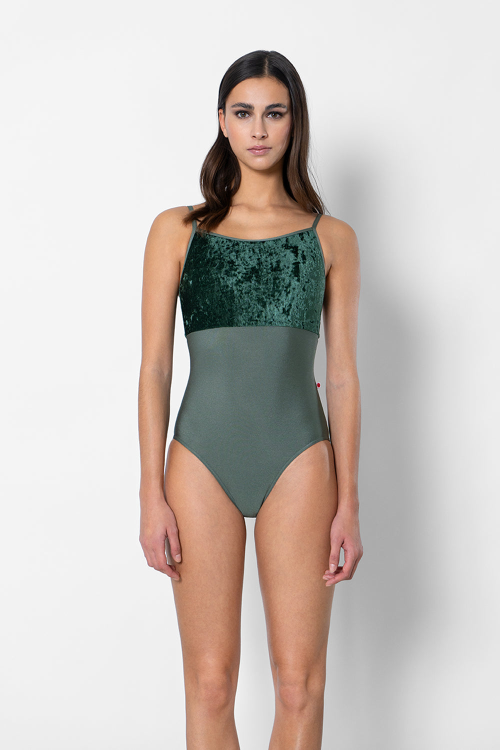 Daniela Duo leotard in N-Sage body & trim color with CV-Pine top color