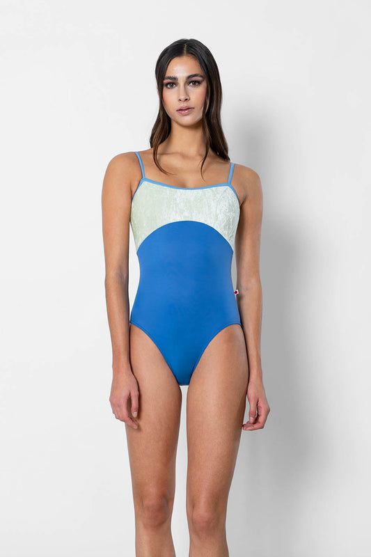 Denise leotard in T-Lapis body color with CV-Pistachio top color and T-Bluebell trim color