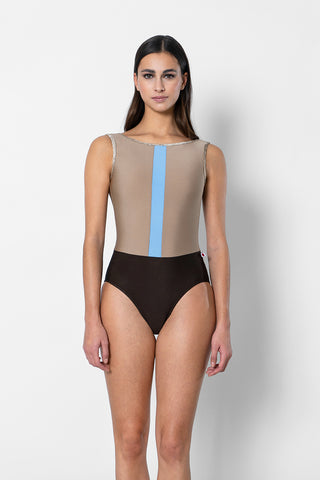 Didi leotard in N-Espresso body color with N-Toffee top color, N-Moontide middle band color and V-Toffee trim color