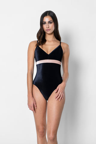 Zoe leotard in R-Black body, top & trim color and R-Blush middle band color