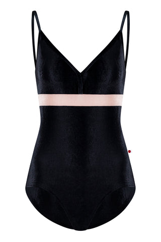 Zoe leotard in R-Black body, top & trim color and R-Blush middle band color