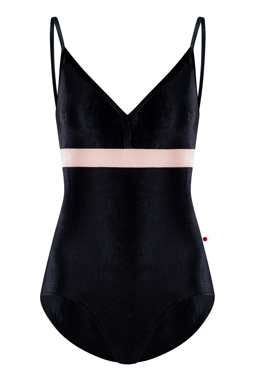 Zoe leotard in R-Black body, top & trim color and R-Blush middle band color