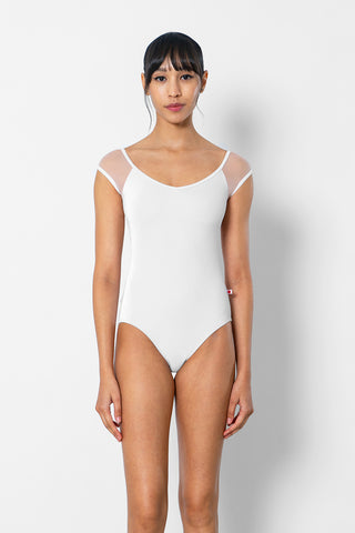 Nina leotard in V-White body color with Mesh Blush top color and T-White trim color