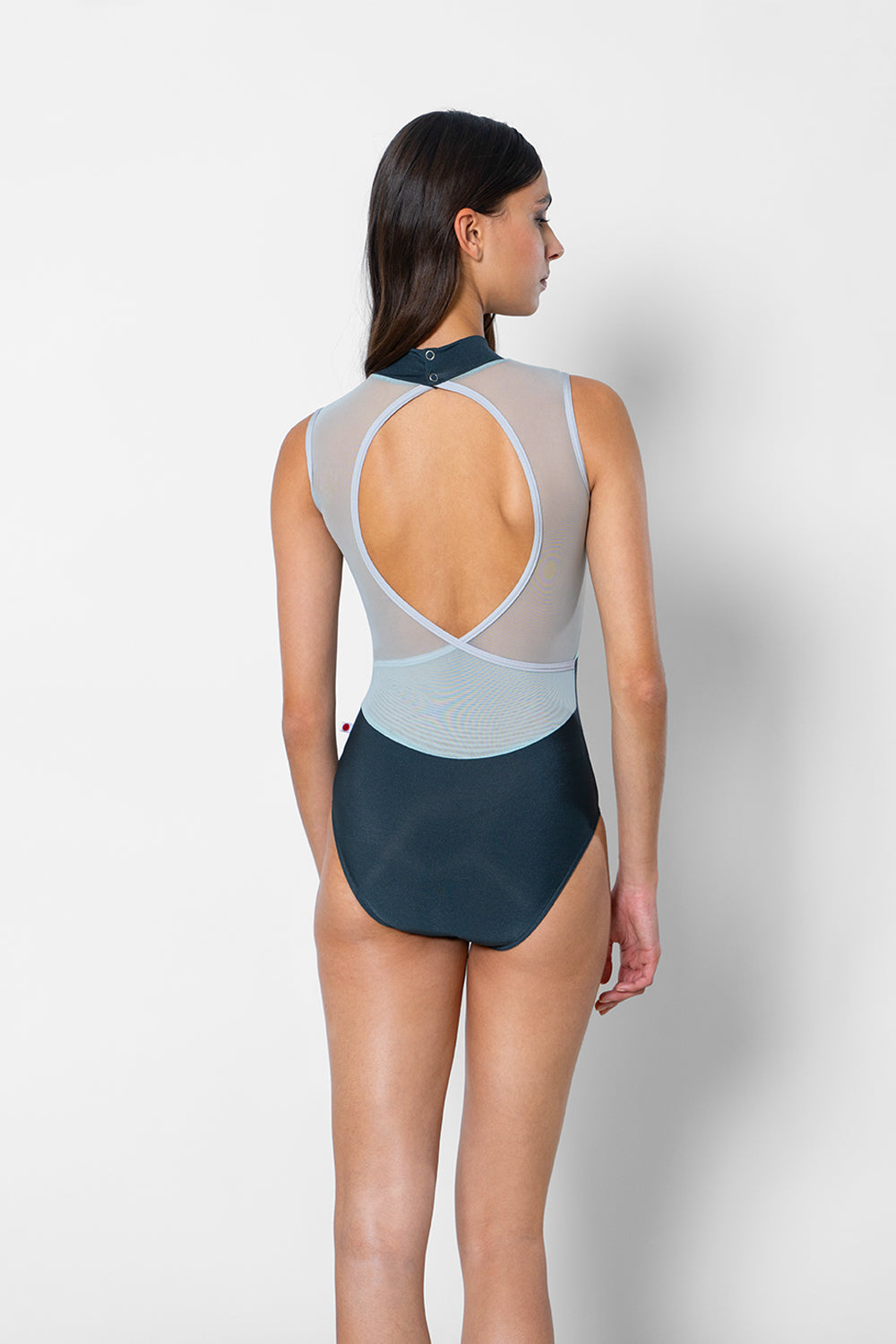 Camila leotard in N-Titanium body color with Mesh Whisper top color and N-Silver trim color
