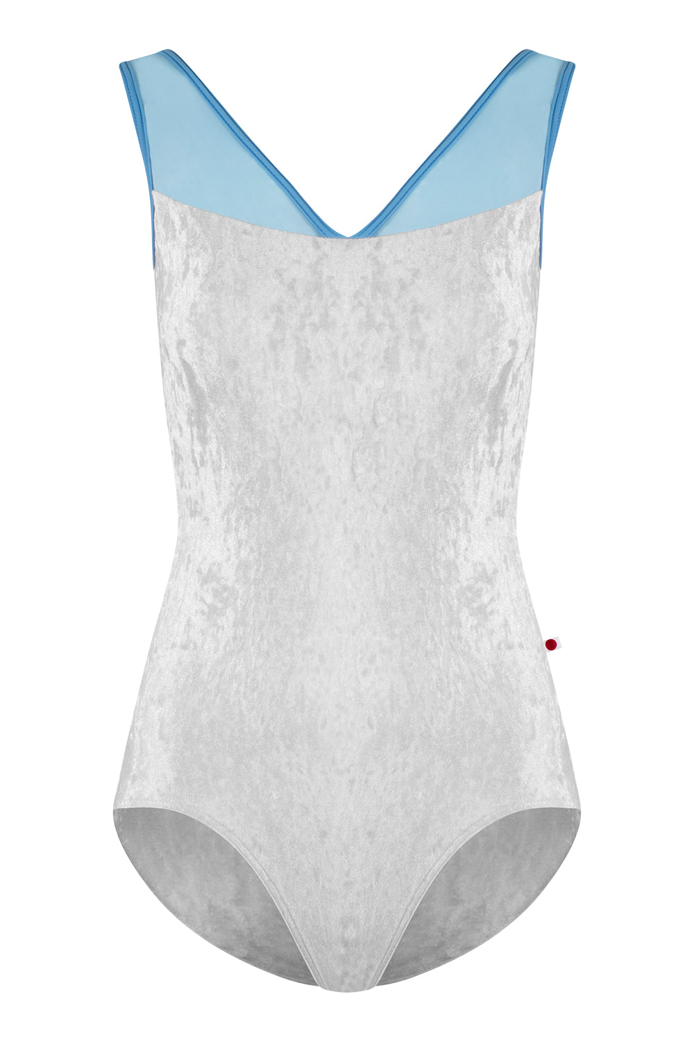Masha leotard in CV-Silver body color with Mesh Glacier top color and T-Bluebell trim color