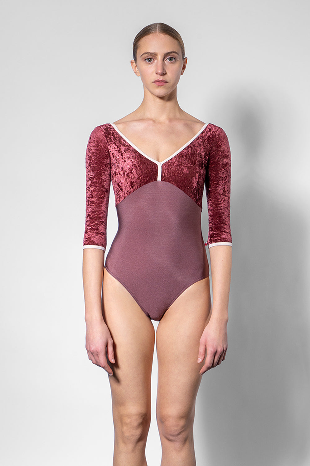 Alicia leotard in N-Phoenix body color with CV-Garnet top color & Half Sleeves and CV-Misty Rose trim color