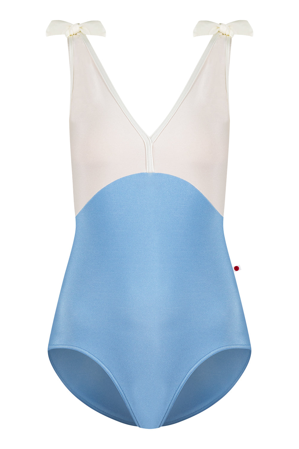 Alicia leotard in N-Moontide body color with N-Antique top & trim color and matching shoulder bows