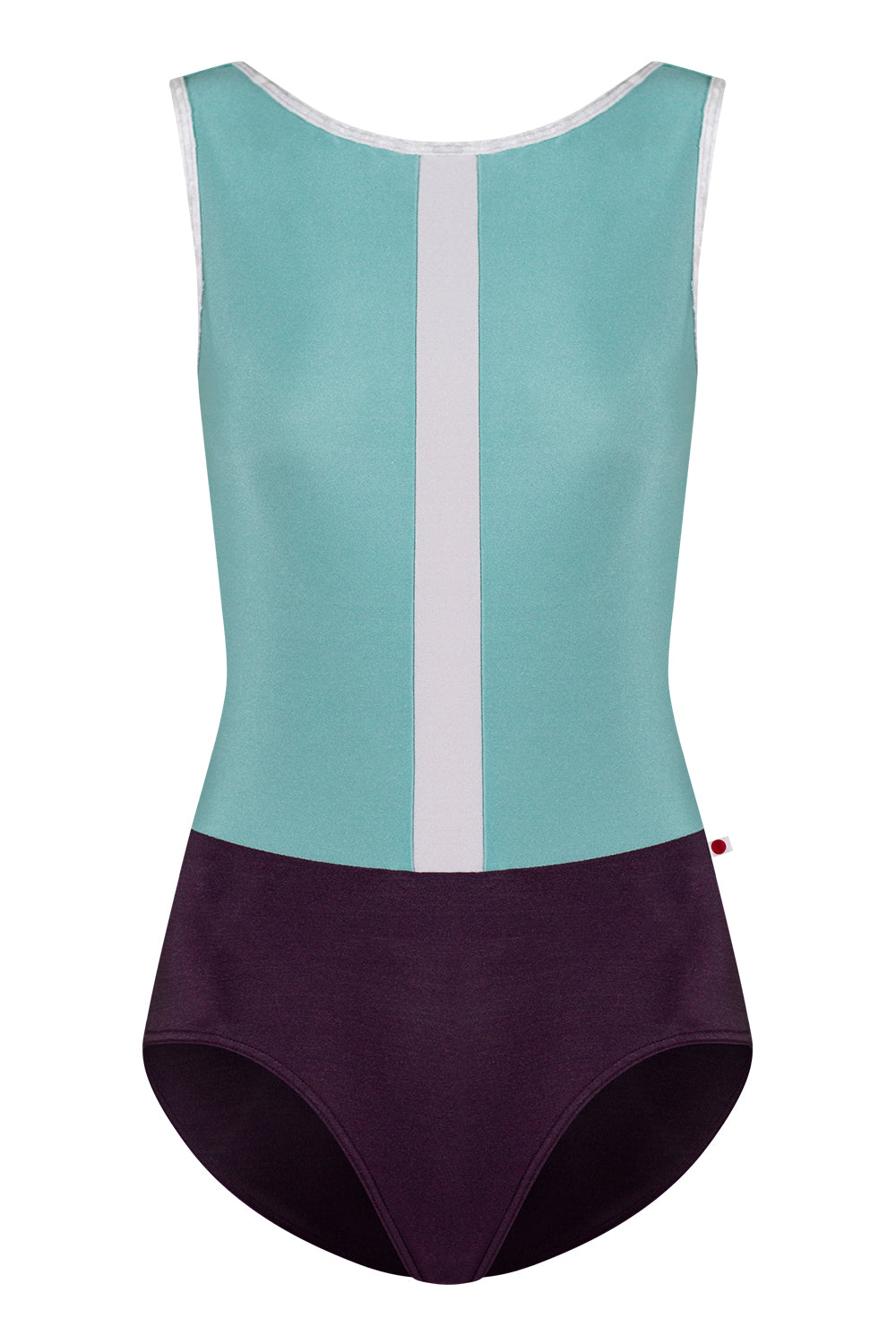 Didi leotard in N-Eggplant body color with N-Cactus top color, N-Silver stripe and CV-Silver trim color