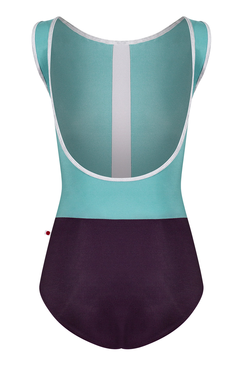 Didi leotard in N-Eggplant body color with N-Cactus top color, N-Silver stripe and CV-Silver trim color
