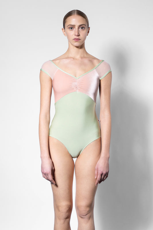 Elli leotard in N-Ginko body color with V-Blush top color, Mesh Blush cap sleeves and N-Ginko trim color