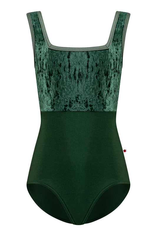 Kids Marieke leotard in N-Huntress body color with CV-Pine top color and N-Sage trim color