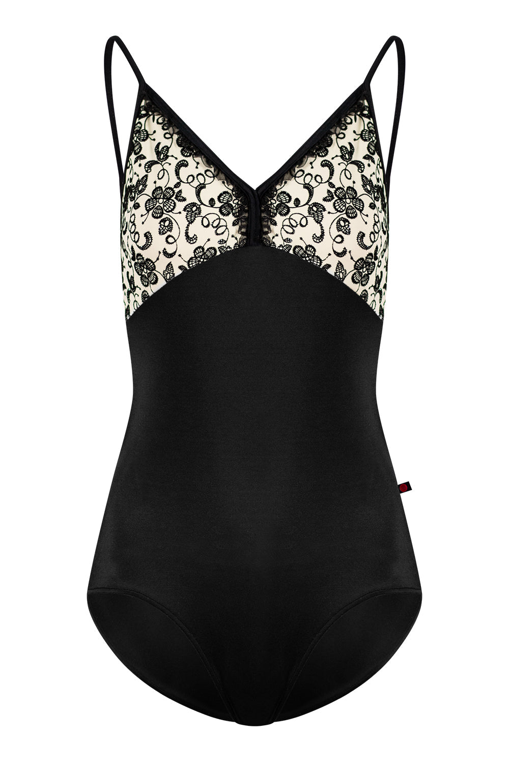 Daria Black Label leotard in T-Black body color with T-White with Black flowers top color, T-Black trim color and Black Ruffle