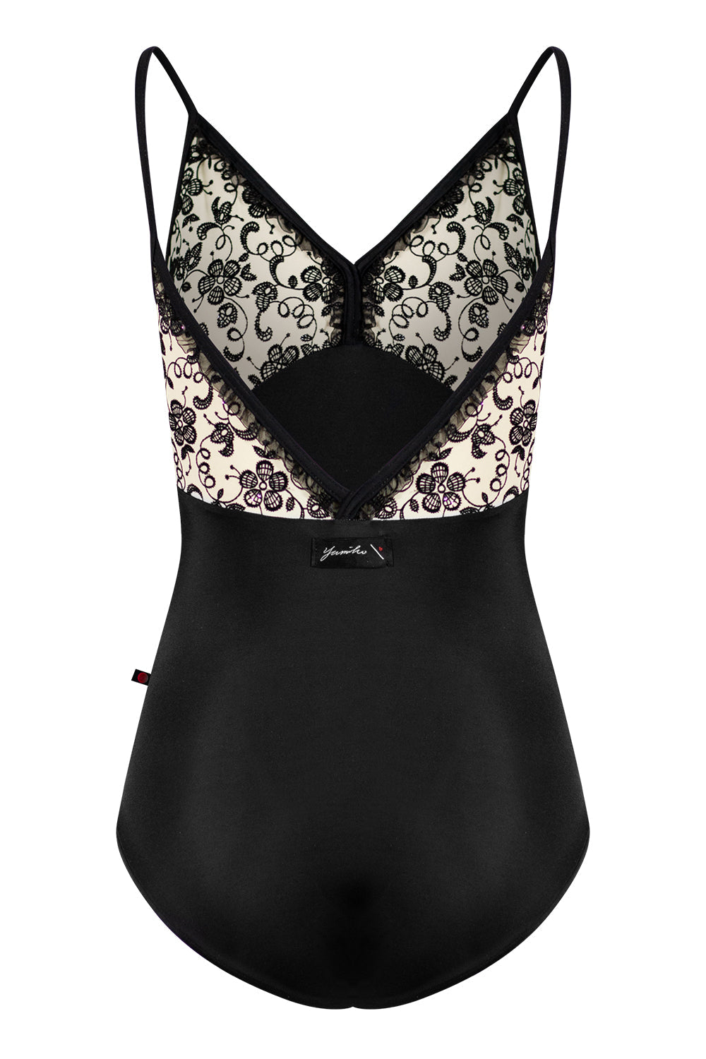 Daria Black Label leotard in T-Black body color with T-White with Black flowers top color, T-Black trim color and Black Ruffle