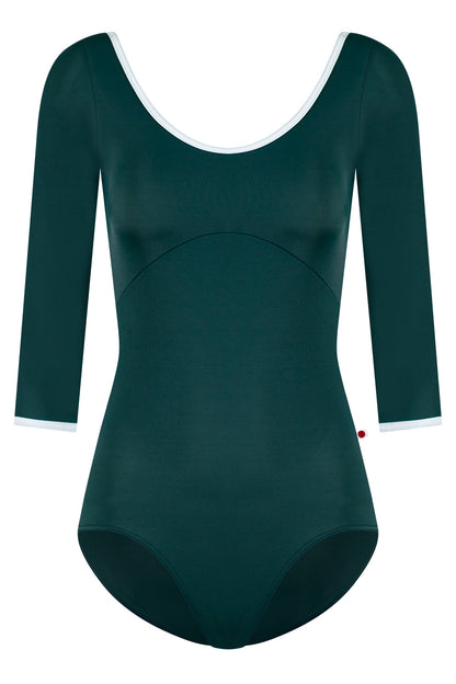 Anna Duo leotard in T-Kale body & top color with T-White trim and 3Q Sleeves