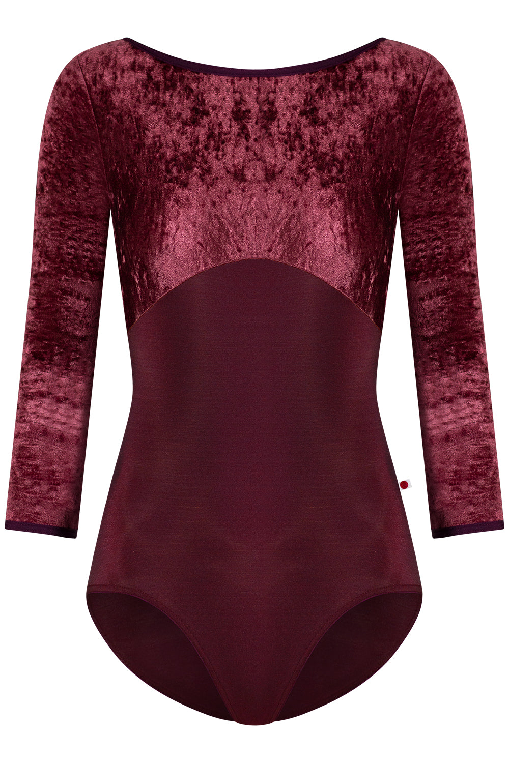 Sofiane leotard in N-Burgundy body color with CV-Garnet top color, N-Burgundy trim color and 3Q sleeves