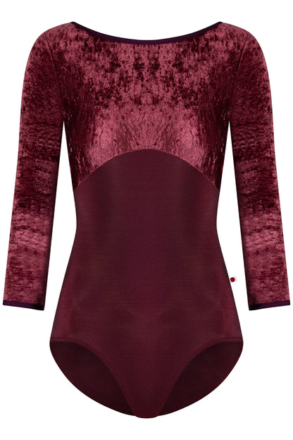 Sofiane leotard in N-Burgundy body color with CV-Garnet top color, N-Burgundy trim color and 3Q sleeves