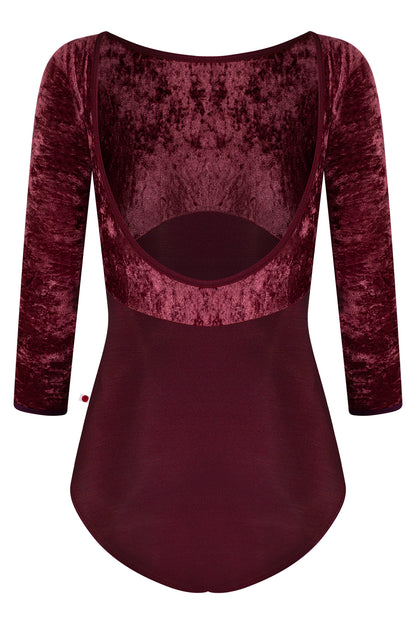 Sofiane leotard in N-Burgundy body color with CV-Garnet top color, N-Burgundy trim color and 3Q sleeves